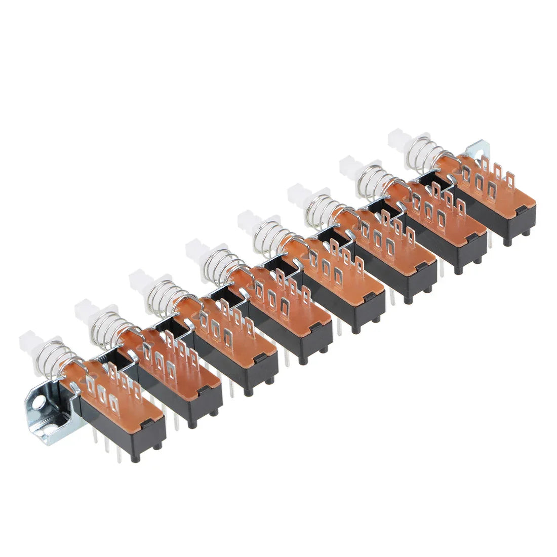 Black and orange interlock push button piano type dpdt switch with metallic springs and white plastic levers for electronics