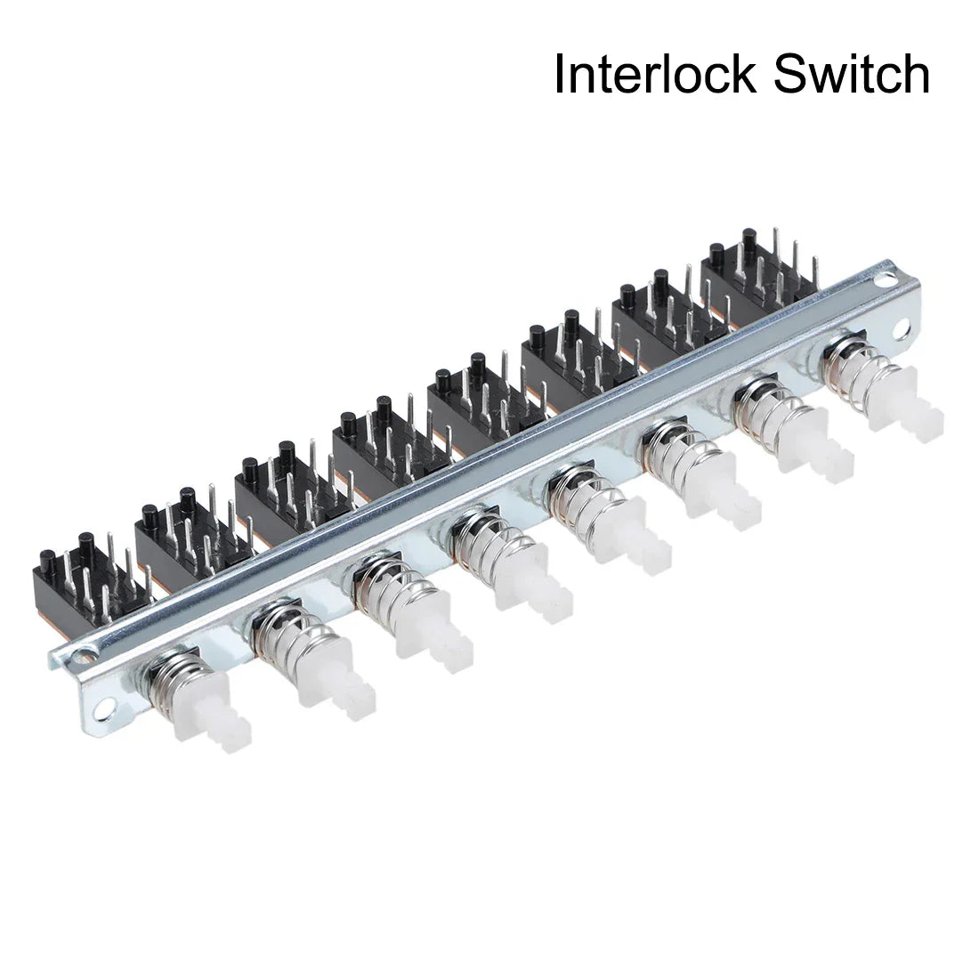 Silver metal interlock push button switch piano type dpdt with ten black toggle switches and white plastic knobs for electronics