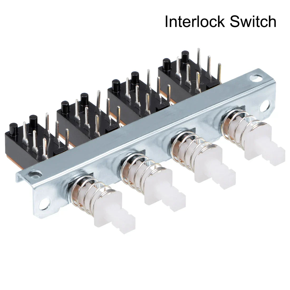 Silver metal interlock push button switch piano type dpdt with black toggle switches and white push buttons for electronics