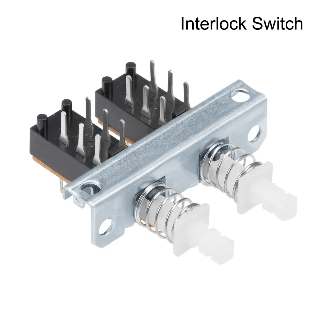 Silver metal interlock push button switch piano type dpdt with black housing and white levers for electronic use