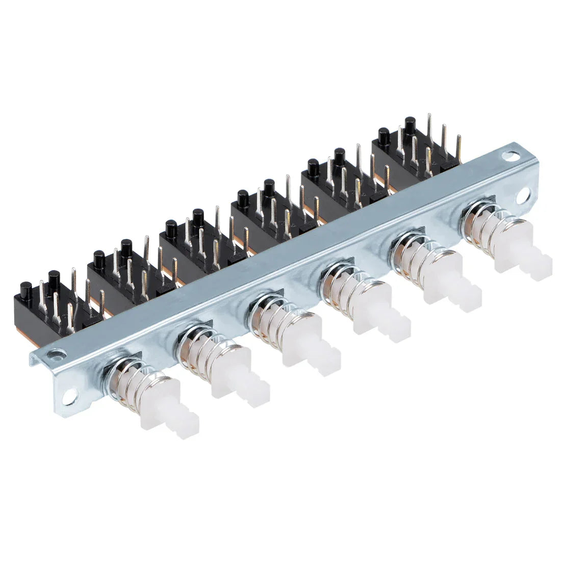 Silver metal interlock push button switch panel with six white piano type dpdt levers and black rectangular switches