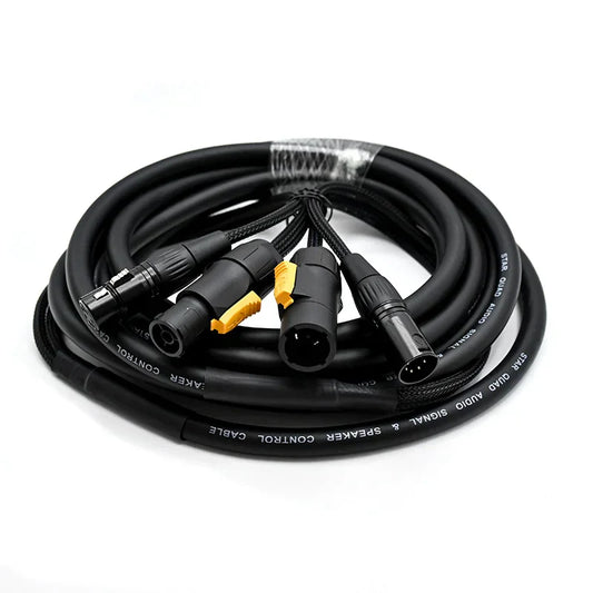 Black coiled ip65 true1 powercon 5 pin dmx combo cable with yellow accent for outdoor stage lighting use