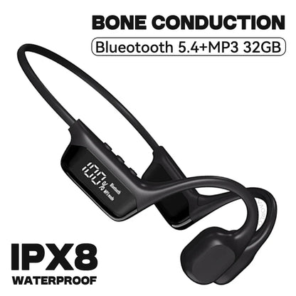 Black ipx8 waterproof bone conduction wireless headphones with sleek design digital display and mp3 player hifi for sport swimming