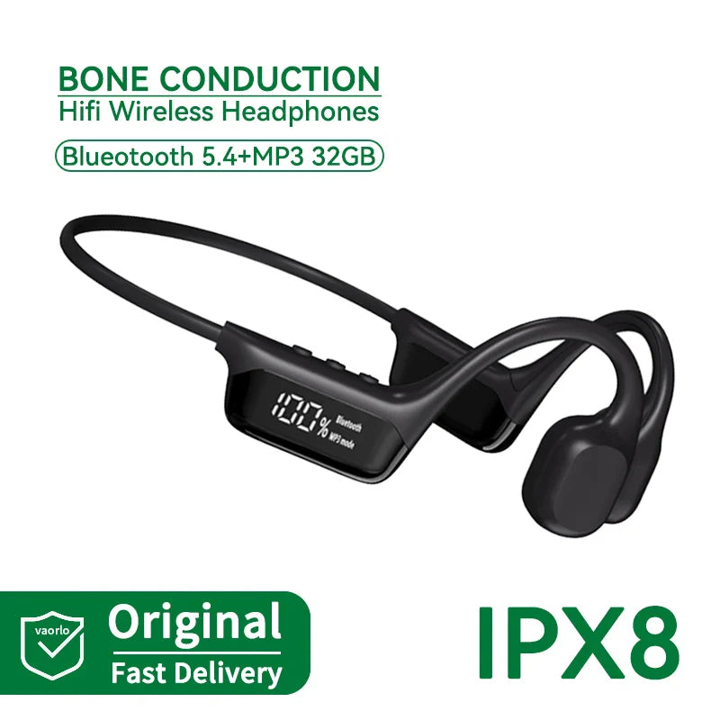Black ipx8 waterproof bone conduction wireless headphones with digital battery display for music sport swimming use