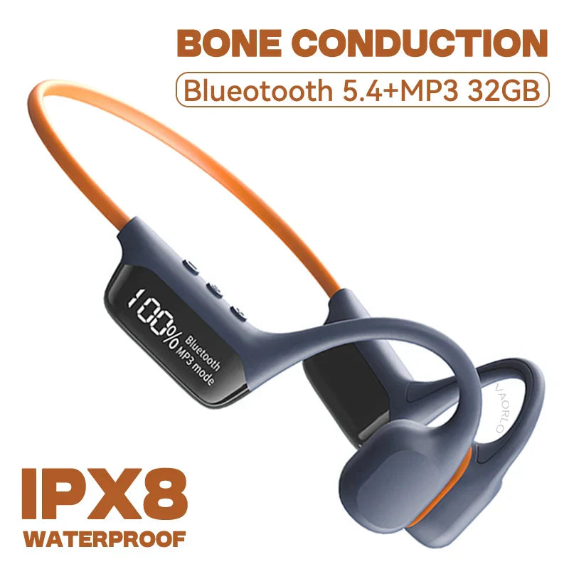 Orange and dark gray ipx8 waterproof bone conduction wireless headphones with ergonomic design mp3 player hifi sport swimming headset