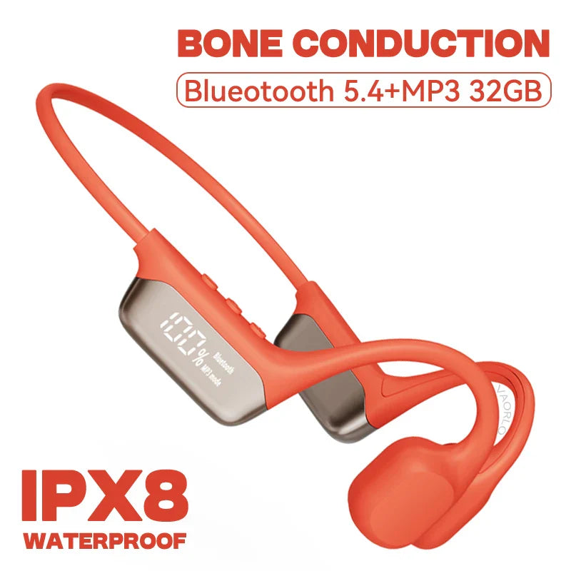 Orange bone conduction wireless headphones with silver accents designed as a waterproof mp3 player hifi music sport swimming headset