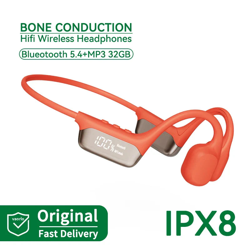 Orange bone conduction wireless headphones with digital display metallic accents mp3 player hifi sport swimming headset