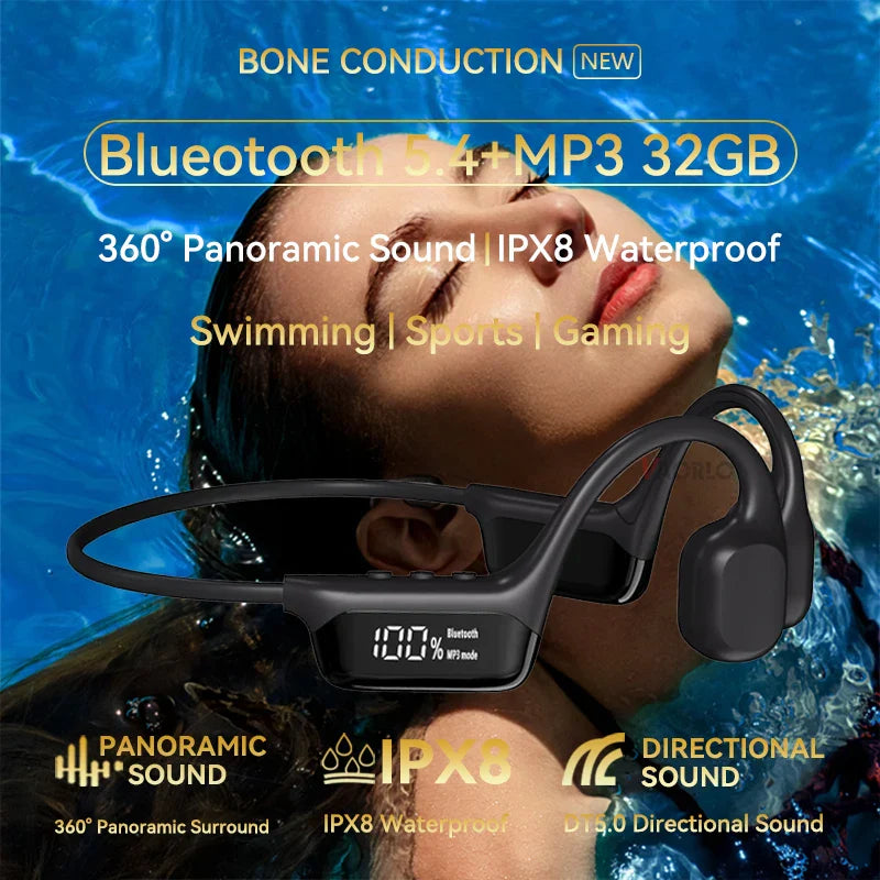 Black ipx8 waterproof bone conduction wireless headphones with digital display mp3 player hifi sport swimming headset