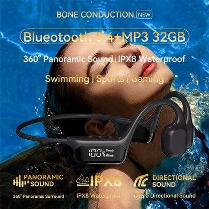Black ipx8 waterproof bone conduction wireless headphones with digital display mp3 player hifi sport swimming headset
