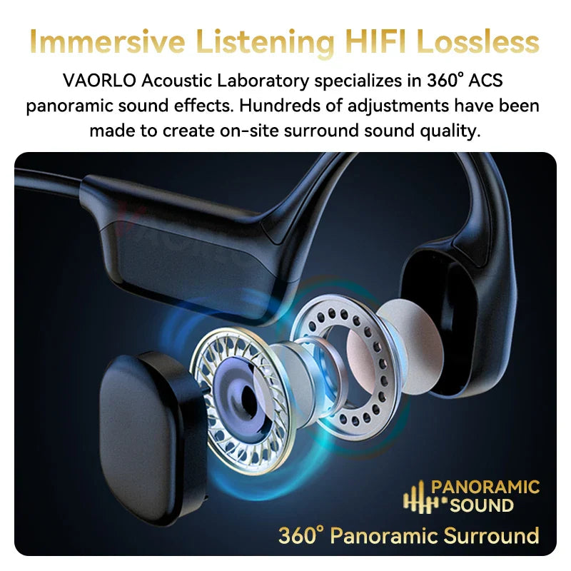 Black ipx8 waterproof bone conduction wireless headphones with metallic speakers for sport swimming headset and mp3 player hifi