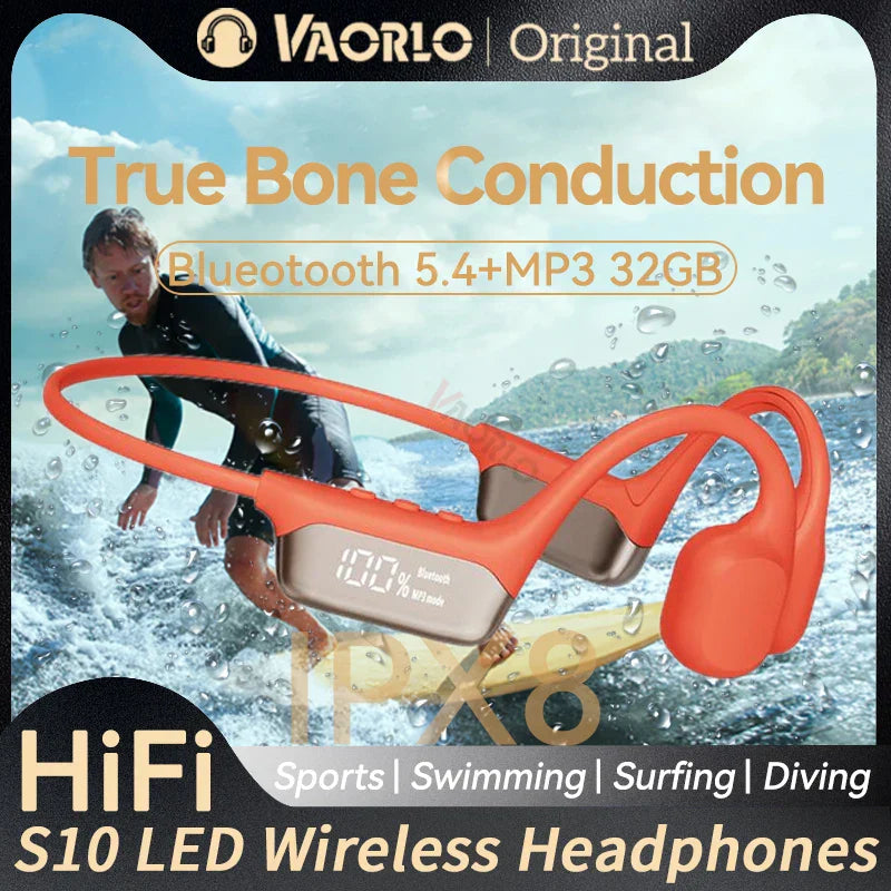 Orange and silver vaorlo s10 led wireless headphones with bone conduction technology mp3 player hifi sport swimming headset
