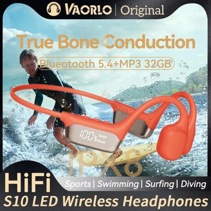 Orange and silver vaorlo s10 led wireless headphones with bone conduction technology mp3 player hifi sport swimming headset