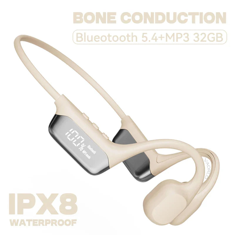 Beige bone conduction wireless headphones with digital display, ergonomic design, mp3 player hifi sport swimming headset