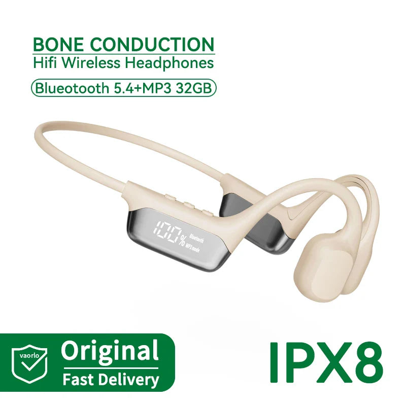 Beige bone conduction wireless headphones with digital battery display mp3 player hifi sport swimming headset
