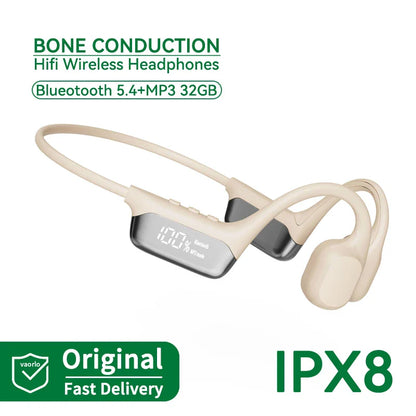 Beige bone conduction wireless headphones with digital battery display mp3 player hifi sport swimming headset