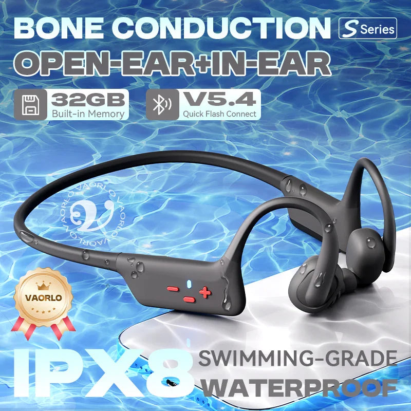 Black ipx8 waterproof swimming-grade bone conduction wireless headphones with open-ear in-ear design and 32gb mp3 hifi music storage