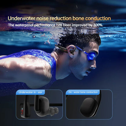 Black ipx8 waterproof swimming-grade bone conduction wireless headphones with blue swim goggles and 32gb mp3 hifi music player