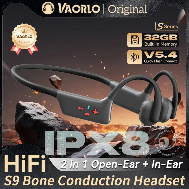 Vaorlo s9 bone conduction wireless headset in sleek black with 32gb mp3 hifi music and ipx8 waterproof swimming-grade design