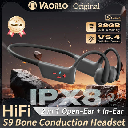 Vaorlo s9 bone conduction wireless headset in sleek black with 32gb mp3 hifi music and ipx8 waterproof swimming-grade design