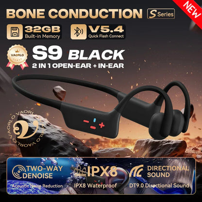 Black vaorlo s9 bone conduction wireless headphones with sleek curved design ipx8 waterproof swimming-grade mp3 hifi music