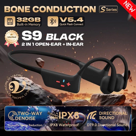 Black vaorlo s9 bone conduction wireless headphones with sleek curved design ipx8 waterproof swimming-grade mp3 hifi music