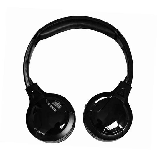 Black infrared wireless headphone with glossy finish and padded headband for indoor and outdoor music use
