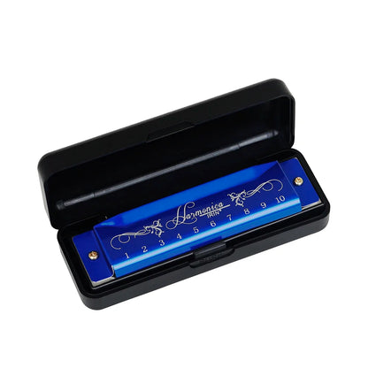 A vibrant blue irin 10 holes colorful c key harmonica woodwind instrument with silver engraving in a black case