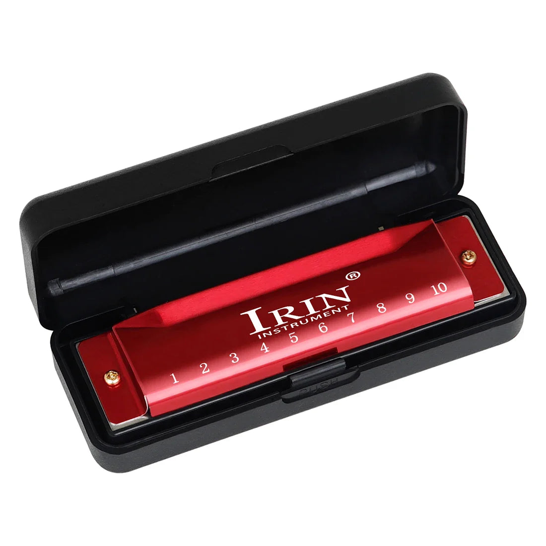 Red irin 10 holes 20 tone colorful c key harmonica woodwind instrument nestled in a black protective case for beginners