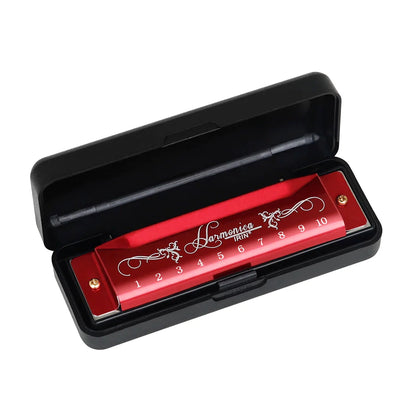 Red irin colorful c key harmonica woodwind instrument with silver lettering and decorative swirls in black case