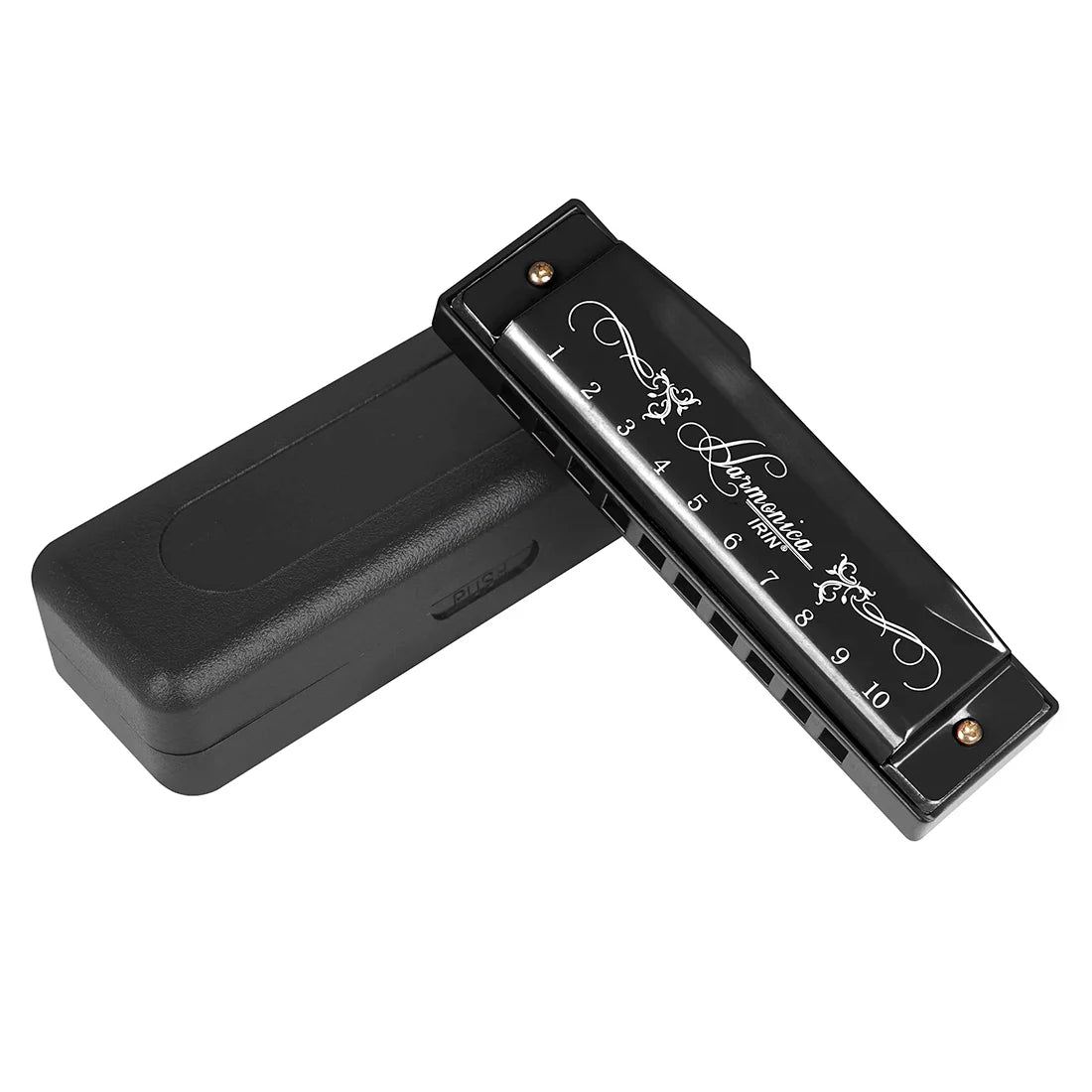 Black irIN colorful c key harmonica woodwind instrument with silver engraving and numbered keyholes for beginners