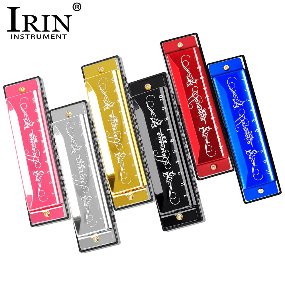 A set of five colorful c key irin key harmonica woodwind instruments with glossy metallic finish and floral etchings