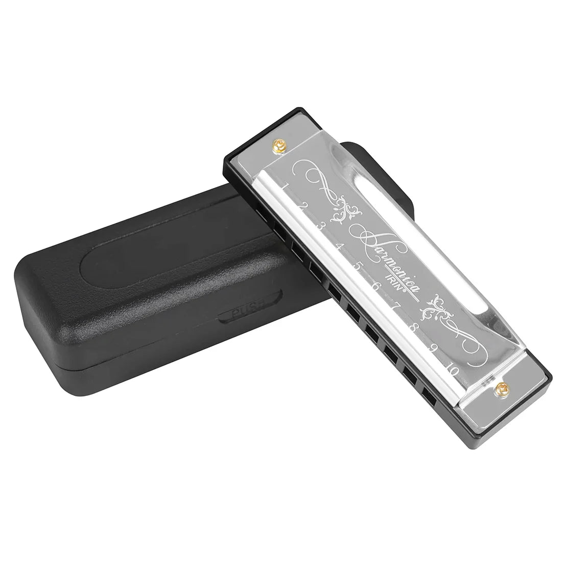 Silver irin key harmonica woodwind instrument with colorful c key and gold tuning pins beside black protective case