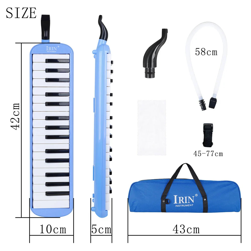 Blue irin keys melodica with black and white keys musical instrument harmonica includes carrying bag mouthpiece for education