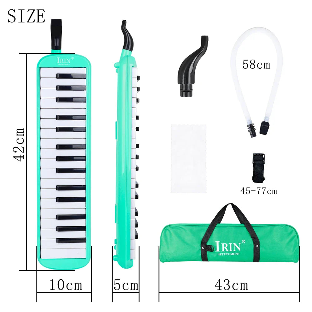 A mint green iren 32 keys melodica musical instrument harmonica with black and white keys and carrying bag mouthpiece