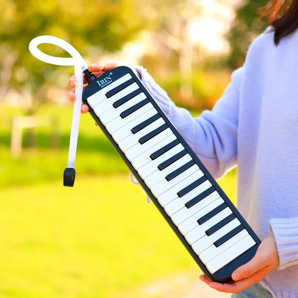 Black and white irin 32 keys melodica musical instrument harmonica with curved mouthpiece and carrying bag mouthpiece