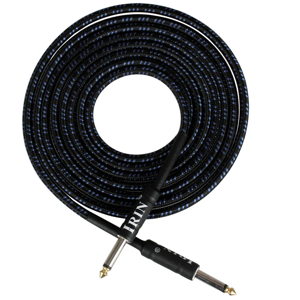 Black and blue braided irIN 3m guitar cable with gold-tipped connectors for electric guitar and electric bass use
