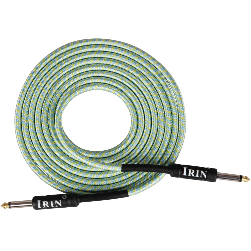 A coiled irin 3m guitar cable with braided light green and blue sheath and gold-plated jacks for electric guitar and bass
