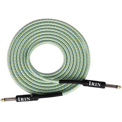 A coiled irin 3m guitar cable with braided light green and blue sheath and gold-plated jacks for electric guitar and bass