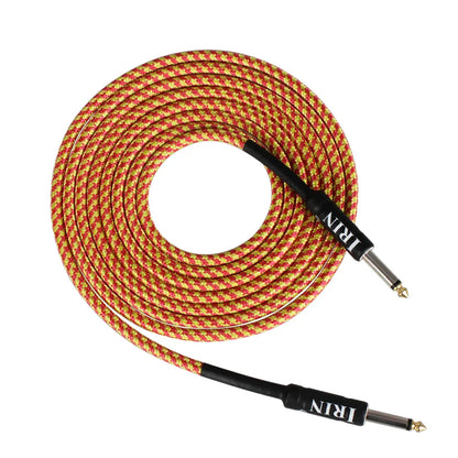 Coiled red and gold braided irin guitar cable with black connectors for electric guitar and electric bass use
