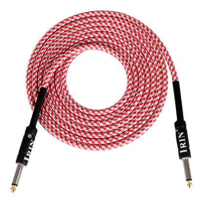 Red and white houndstooth irin 3m guitar cable with black sleeves and gold-plated connectors for electric guitar bass