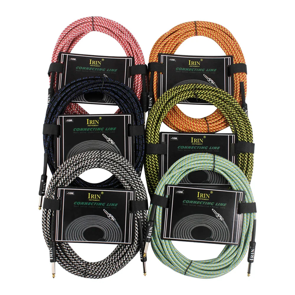 Coiled irin 3m guitar cable in assorted colors with woven texture and black label for electric guitar and electric bass