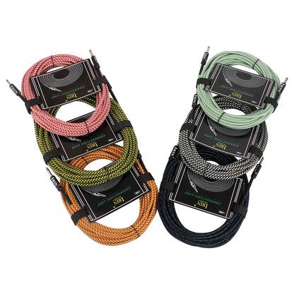 Coiled irin 3m guitar cables in assorted colors and textures with branded labels for electric guitar and bass use