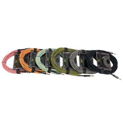 A collection of six braided irIN 3M guitar cables in assorted colors with metallic connectors for electric guitar and bass
