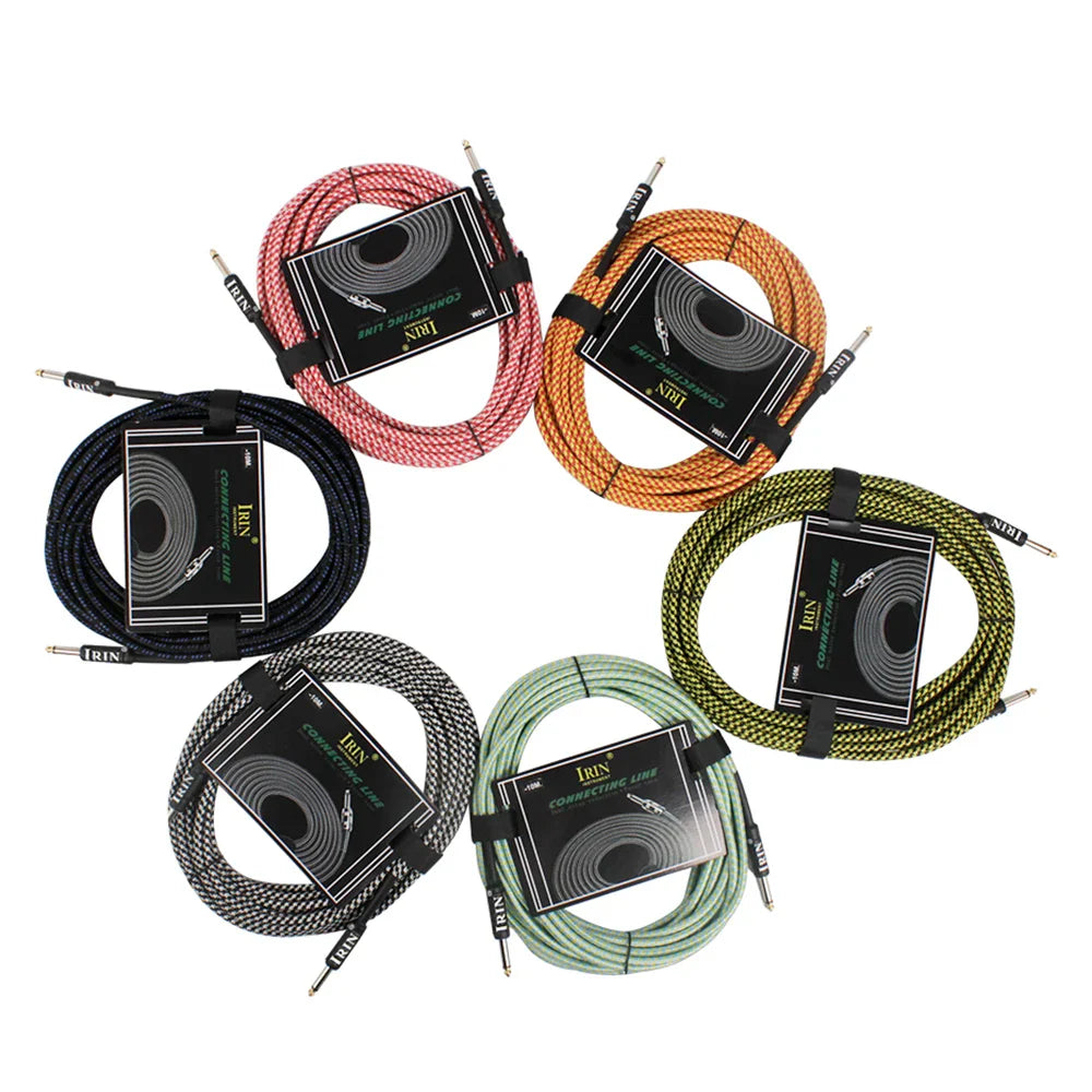 Five coiled braided irIN 3m guitar cables in pink orange black gray and green for electric guitar and electric bass use