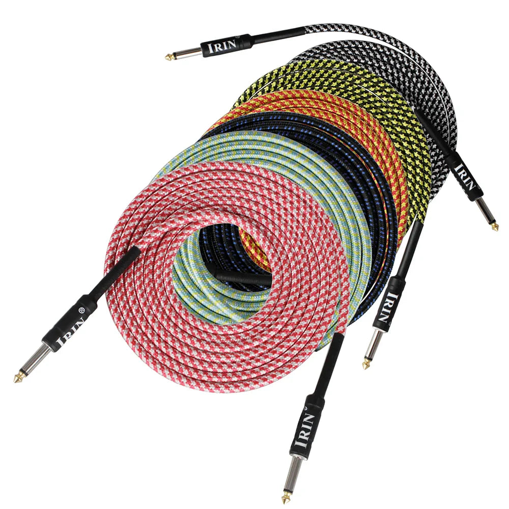 A set of IRIN 3M guitar cables with woven fabric exteriors in vibrant colors for electric guitar and bass use