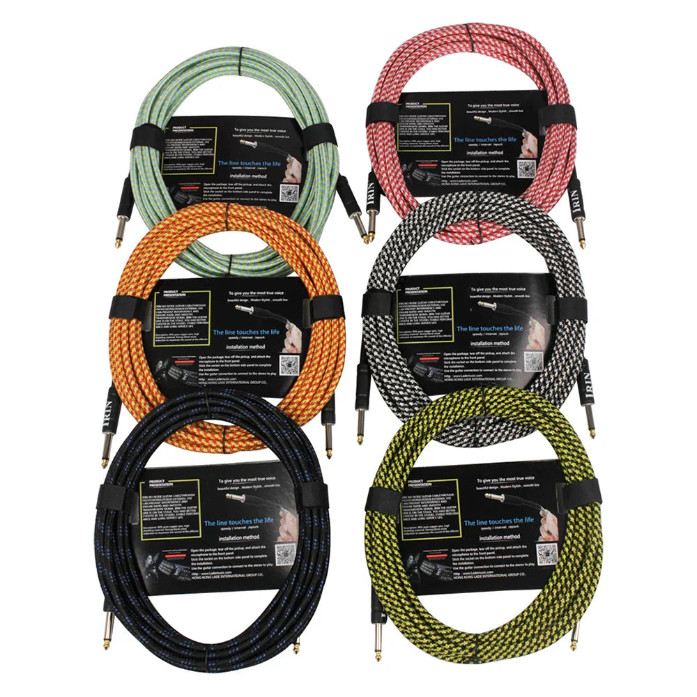 Six coiled IRIN 3M guitar cables with braided texture gold-plated connectors in assorted colors for electric guitar and bass