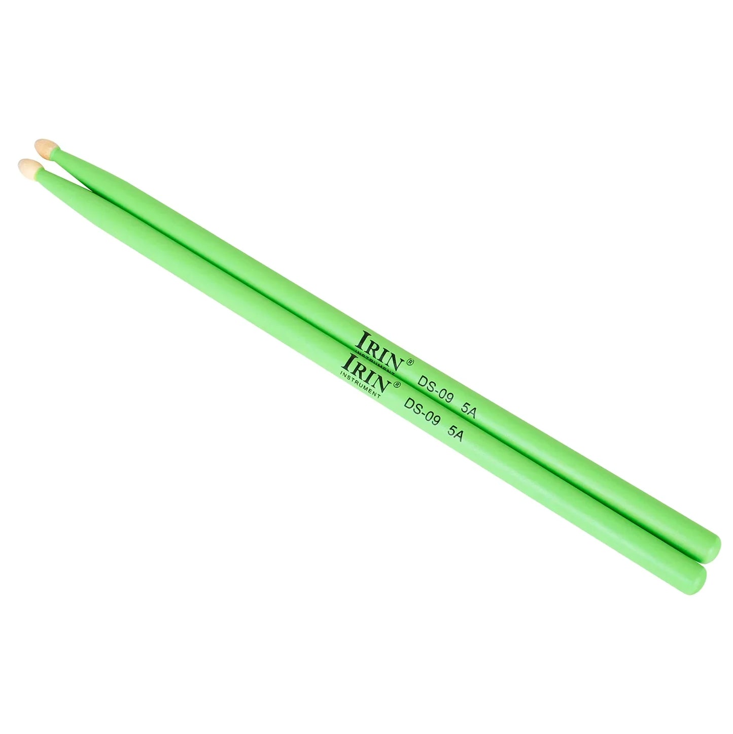A pair of bright green irin 5a drumstick maple drum sticks with light tips for professional percussion musical instrument use
