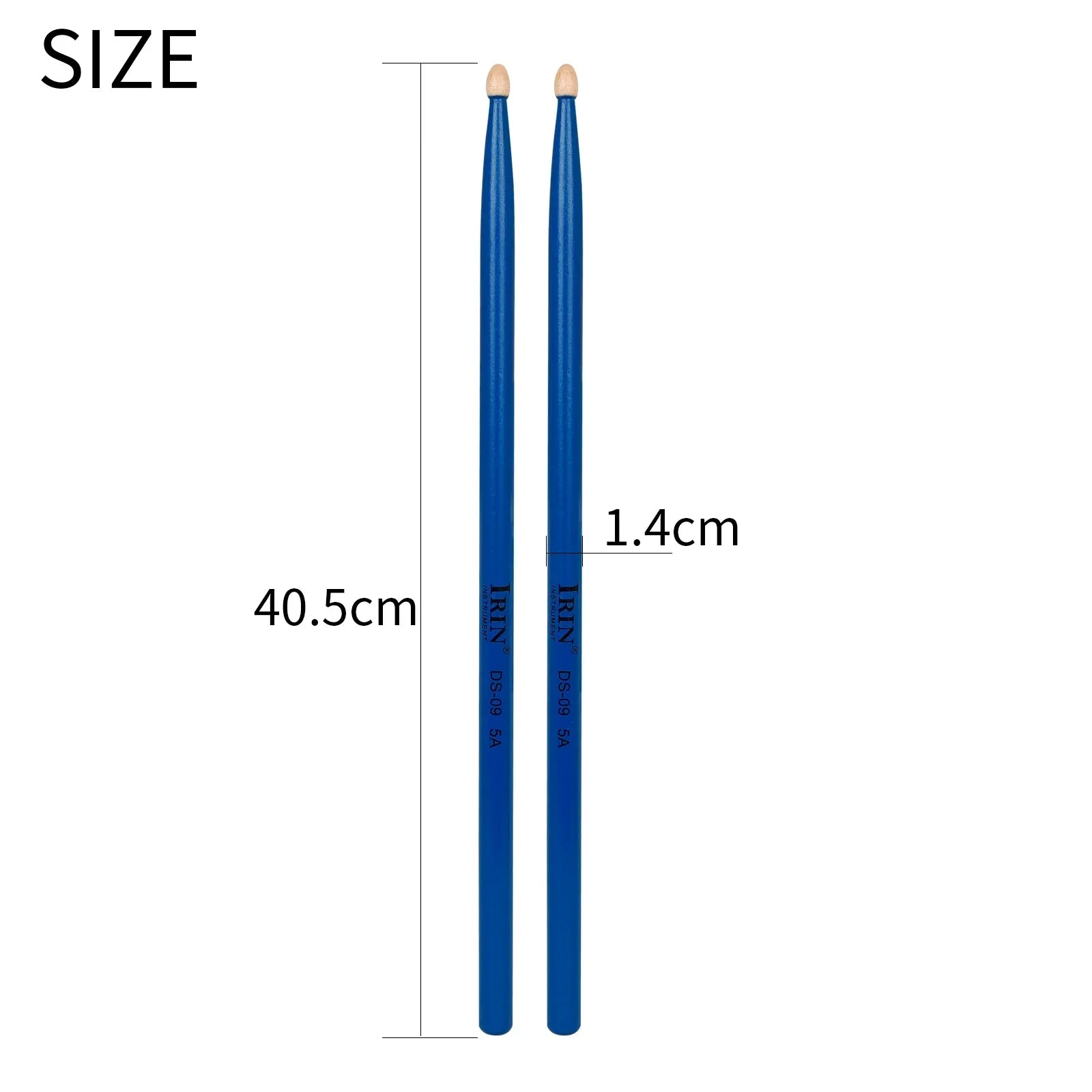 Blue irin 5a drumstick with smooth glossy finish and light wooden tips for professional percussion musical instrument use
