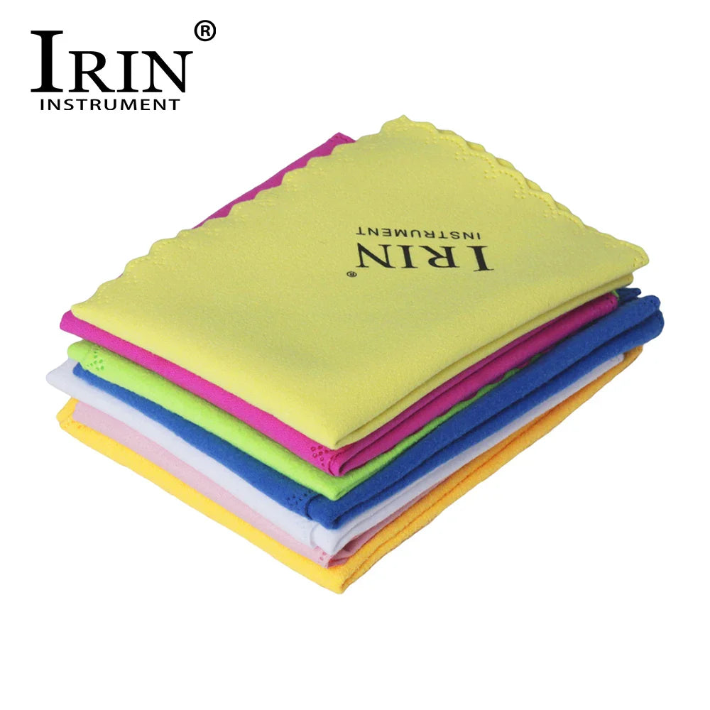 Stack of colorful irin microfiber cleaning cloths in yellow pink blue and green for guitar piano saxophone and flute clarinet trumpet