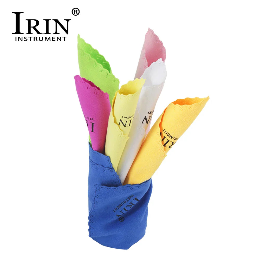 A vibrant set of colorful microfiber cleaning cloths for guitar piano saxophone flute clarinet trumpet in a blue irinci sleeve